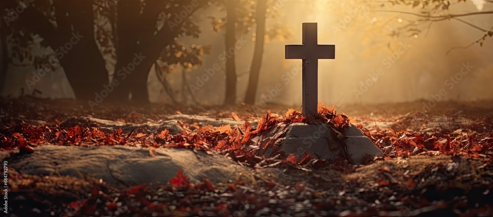  a cross sitting on top of a pile of leaves in the middle of a forest with sun shining through the trees.