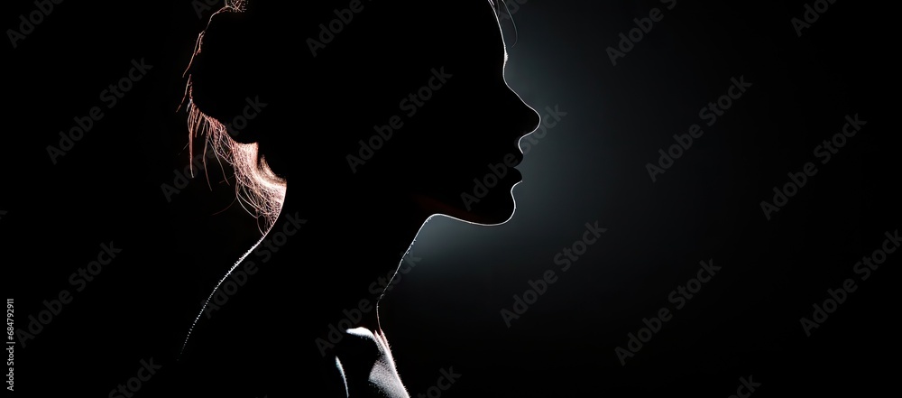  a woman's profile in the dark with a light shining on her face and her hair in a bun.