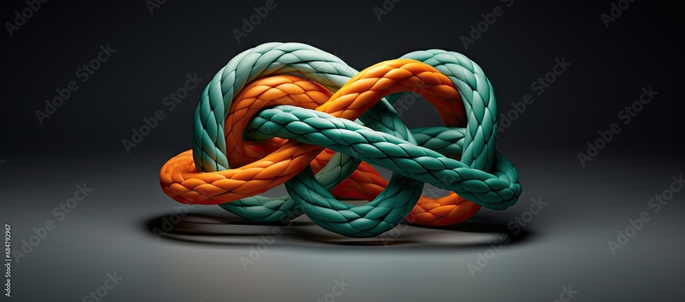 a knot made out of rope on a black background, with a shadow on the ground and a shadow on the ground.