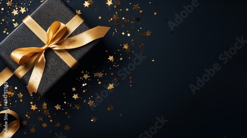Golden gift with ribbon on dark background. top view