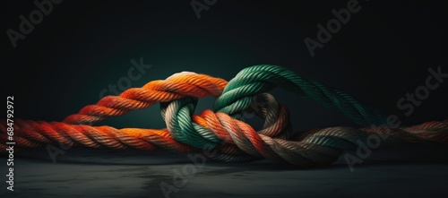  a group of multicolored ropes on a black background with a green and orange one on top of the rope.
