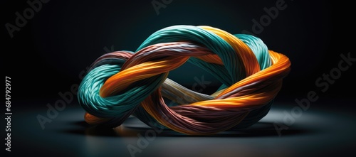  a colorful ball of yarn sitting on top of a black floor next to a green and orange ball of yarn. © Jevjenijs