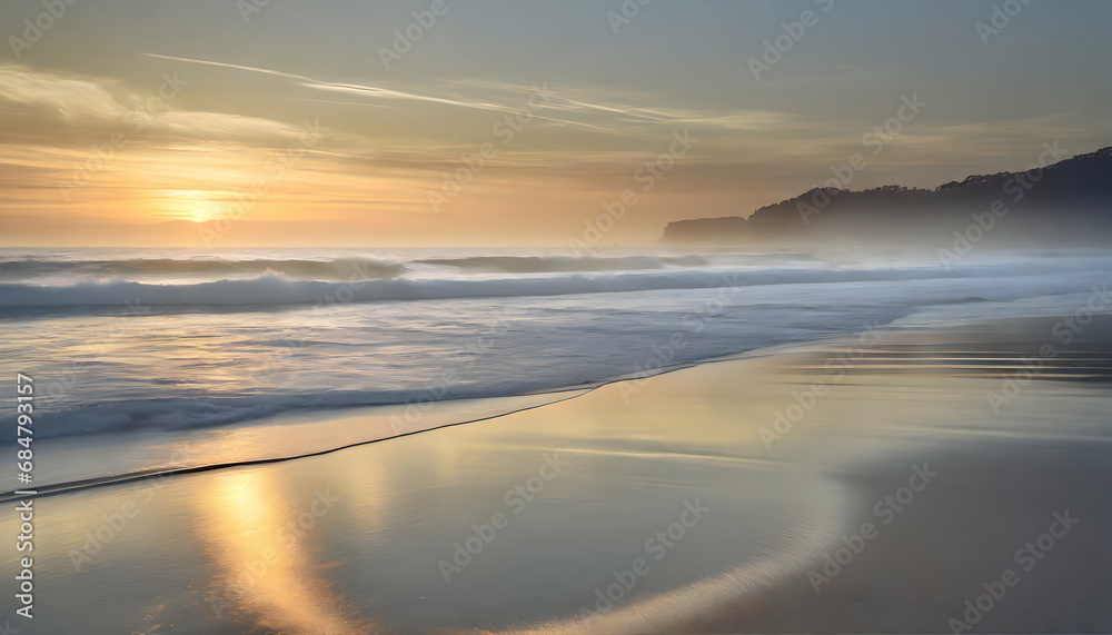 Beach bathed in a soft, ethereal glow as the last light of the day illuminates the sand. Peaceful atmosphere and tranquility of the scene.