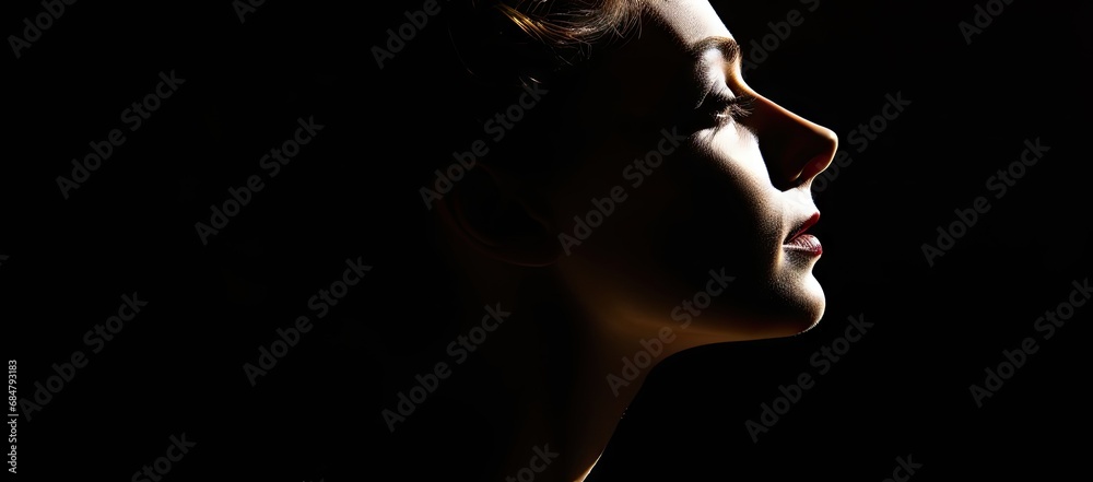  a woman's profile in the dark with her eyes closed and her head tilted to the side of her face.