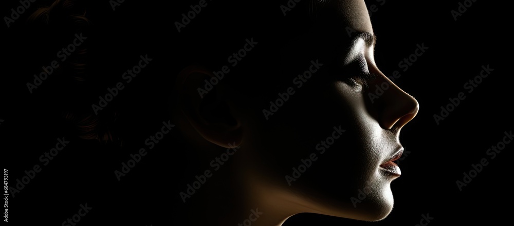 a close up of a person's face in the dark with a light shining on the side of the face.