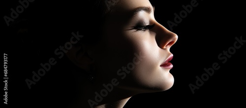  a close up of a woman's face with her eyes closed and her eyes closed, with a black background.