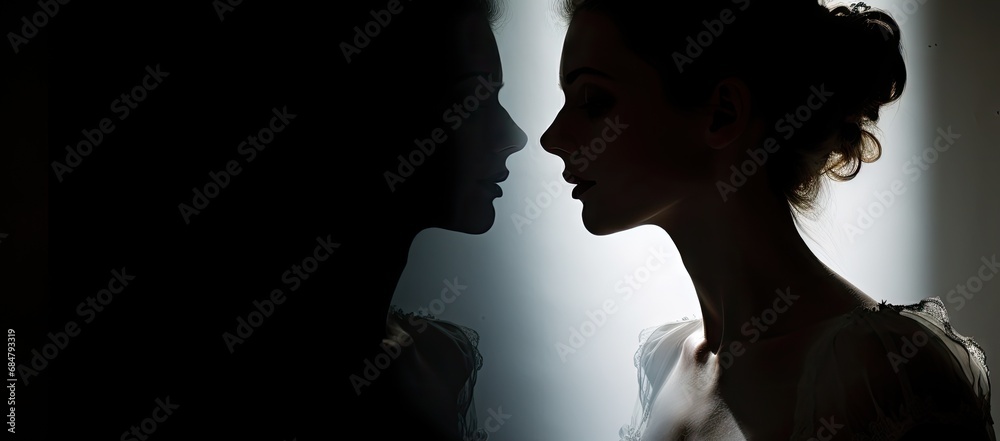  a woman standing next to a man with his face close to the other side of the woman's face.