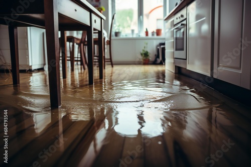 Contemporary Kitchen Chaos: A Close-Up of Waterlogged Flooring photo