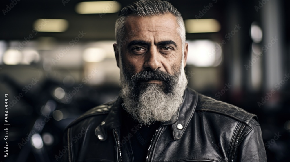 Bearded middle-aged biker man in leather jacket Bearded middle-aged biker man in leather jacket