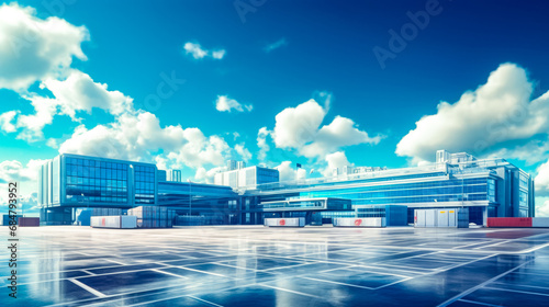 modern office building with blue sky and white clouds