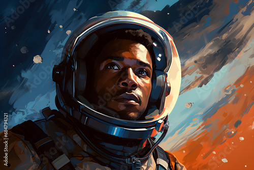 Awe-inspiring portrait of a black male astronaut confidently observing the outer reaches of the galaxy