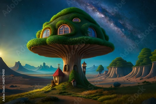 fantasy landscape having a mushroom house for animals or birds