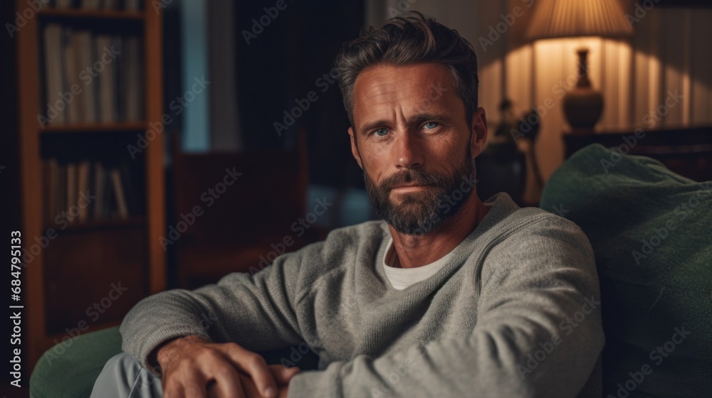 Guy relaxing on a chic armchair in a Nordic room. Guy relaxing on a chic armchair in a Nordic room.
