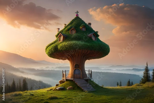 tree home that looks like a giant mushroom with colorful spots and windows shaped like stars for a family of whimsical squirrels photo