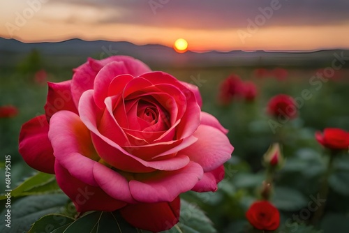 a  close view of a deep red  Rose placed in the outdoor garden looking very peaceful and eye-catching showing contrast with the background garden iat dusk time with a very smooth texture  photo