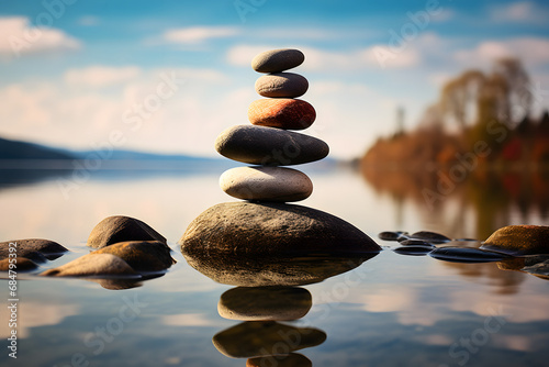 Harmonie am Ufer - Balancierte Steine schaffen natürliche Zen-Ästhetik am See photo