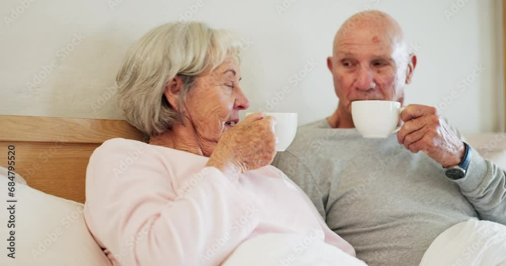 Senior, man and woman with coffee in bedroom for cheers, celebration or anniversary with hot beverage. Elderly couple, together and love in romance, peace and relaxing with tea, latte or cappuccino Senior, man and woman with coffee in bedroom for cheers, celebration or anniversary with hot beverage. Elderly couple, together and love in romance, peace and relaxing with tea, latte or cappuccino