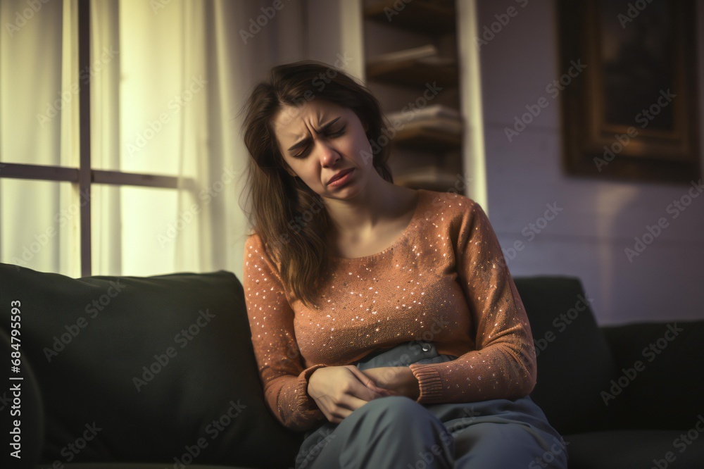 Woman's Discomfort: Exploring Uncomfortable Stomach Sensations on Sofa Woman's Discomfort: Exploring Uncomfortable Stomach Sensations on Sofa