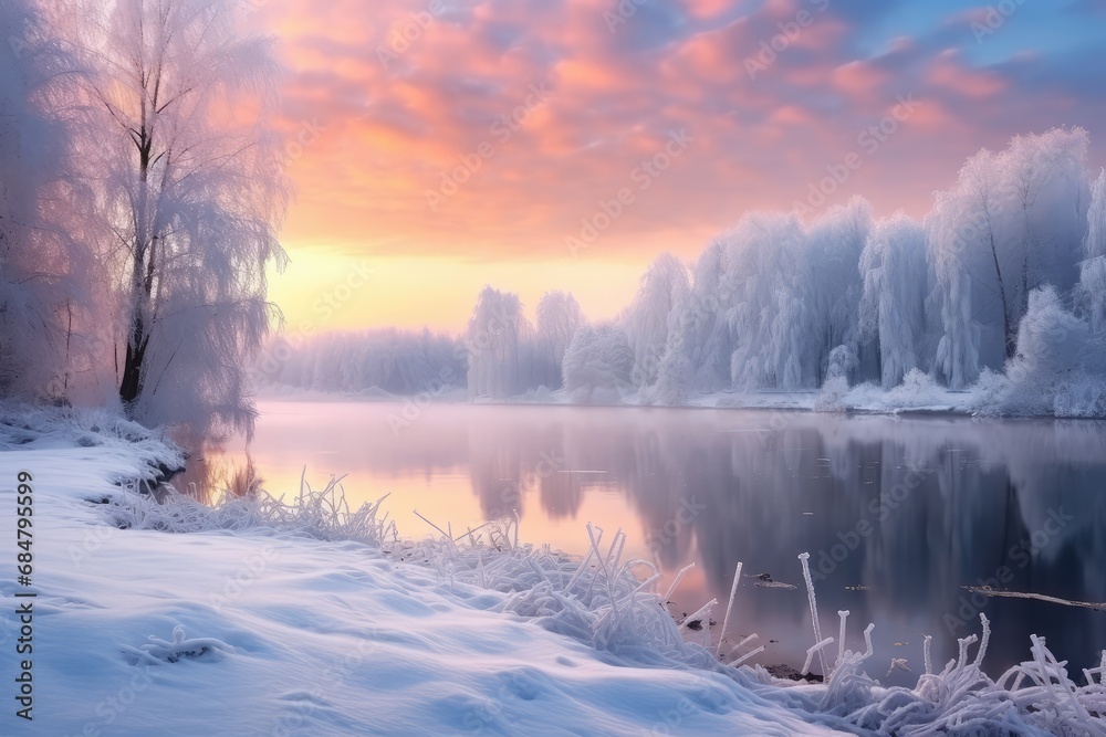 Fototapeta premium Beautiful winter landscape with lake