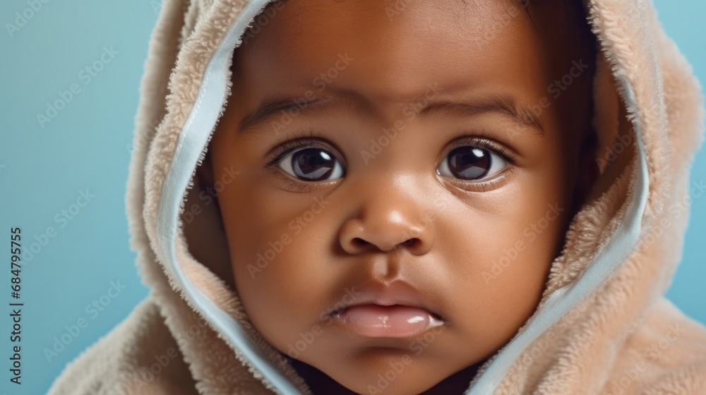 An infant in sadness, wearing a tiny bathrobe, set against a soft blue studio background.