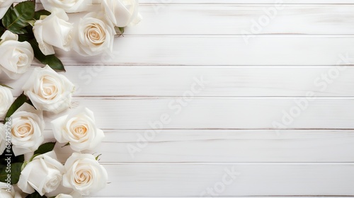 The roses are stunning against the stunning white wooden background, and there is space to the right. © Elchin Abilov