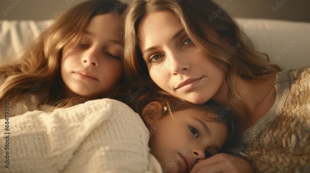 Mom and kids peacefully asleep in bed. Mom and kids peacefully asleep in bed.