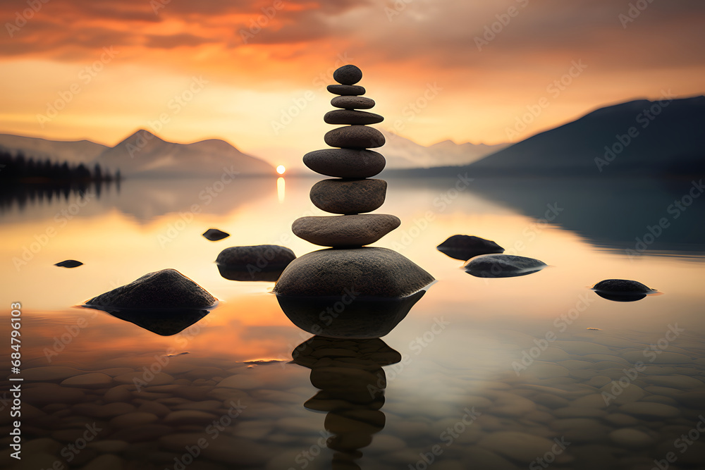 Harmonie am Ufer - Balancierte Steine schaffen natürliche Zen-Ästhetik am See
