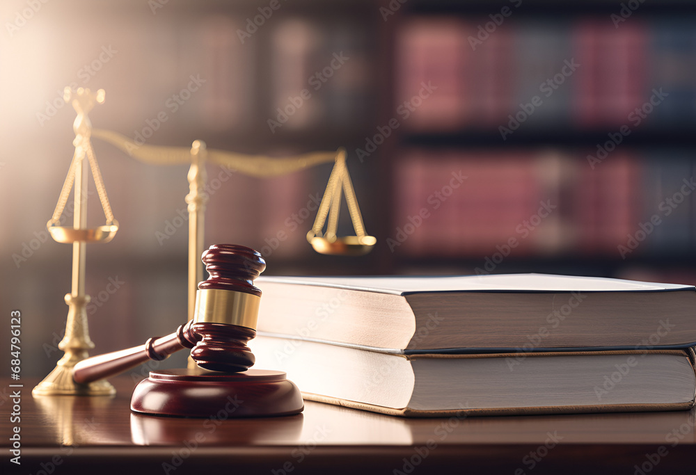 Judge gavel and law books in court background Judge gavel and law books in court background
