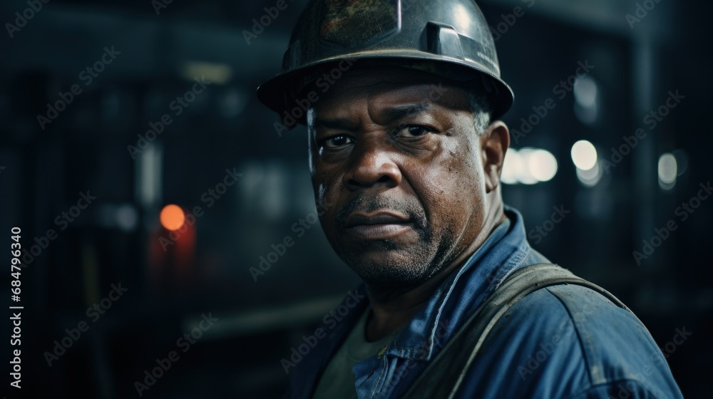 Middle-aged african worker wearing protective clothing and helmet Middle-aged african worker wearing protective clothing and helmet