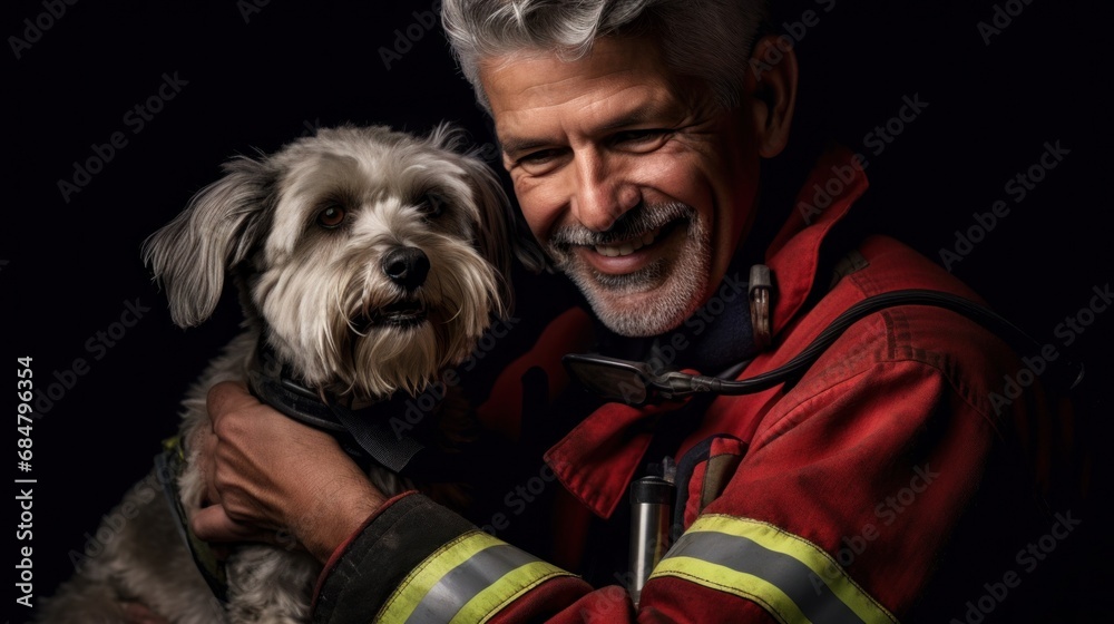 Studio portrait: firefighter and saved dog. Studio portrait: firefighter and saved dog.