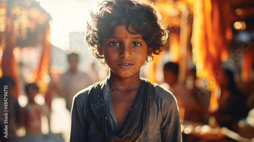Hopeful eyes of a young South Asian boy in a bustling market