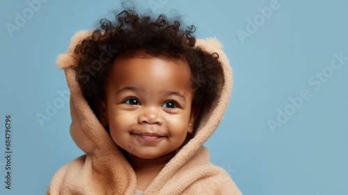 Little one happily posing against a light blue studio backdrop.