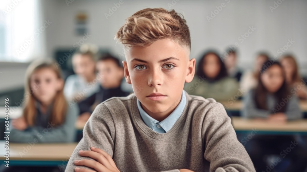 Conveying a sense of isolation, a sad teen boy sits by himself at a classroom table, looking at the camera. Conveying a sense of isolation, a sad teen boy sits by himself at a classroom table, looking at the camera.