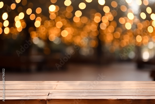 Wooden table in front of blurred background of cafe or restaurant.