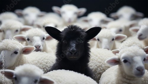 Standing out of the crowd. Dare to be different concept. A black sheep among the herd of white sheep. Black sheep of the family concept design