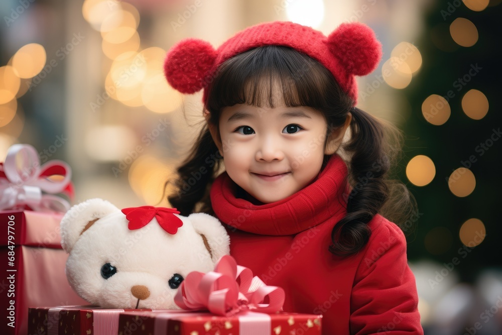 Joyful Child with Teddy Bear Celebrating Christmas Joyful Child with Teddy Bear Celebrating Christmas