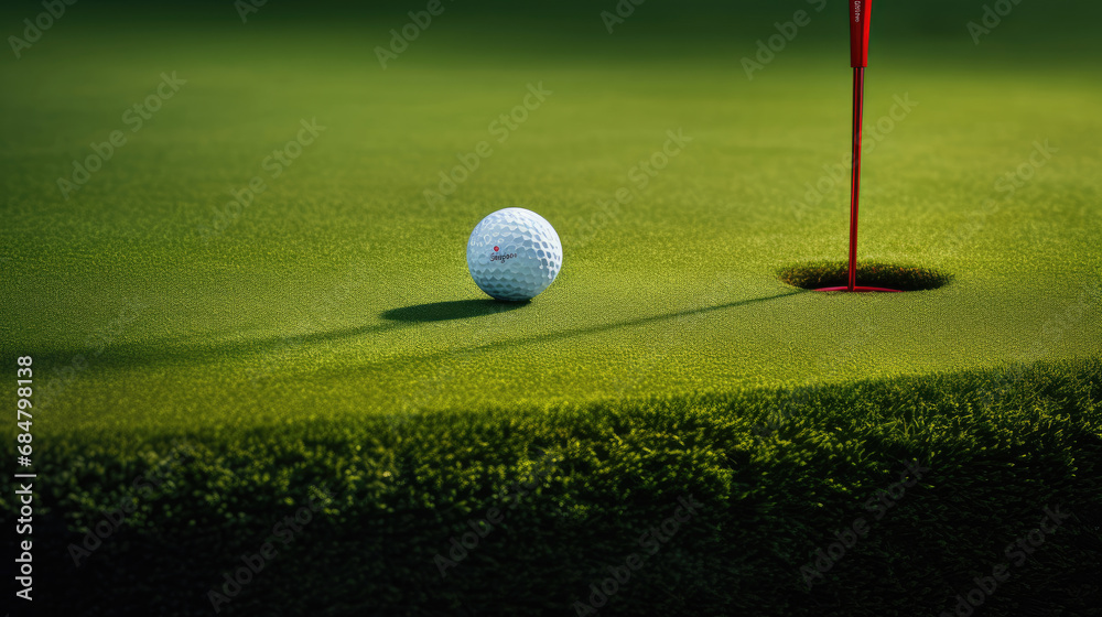 Obraz premium Vivid capture of golfer's putt nearing cup colorful course setting