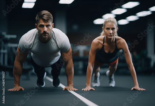 Sport couple doing plank exercise workout in fitnes