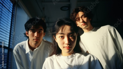 Three young asian adults in white shirts, illuminated by soft sunlight, posing with serious expressions in a close-up group portrait