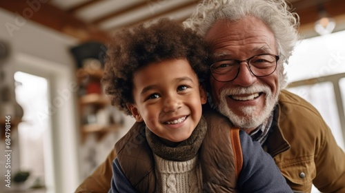 A warm moment captured as a multicultural grandpa plays with his grandson at home.
