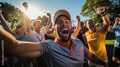 Joyous golfer celebrating victory vibrant course team support