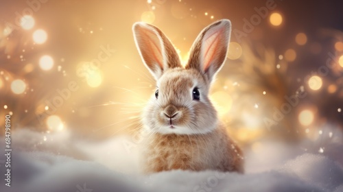  a close up of a rabbit in the snow with a boke of lights behind it and a blurry background.
