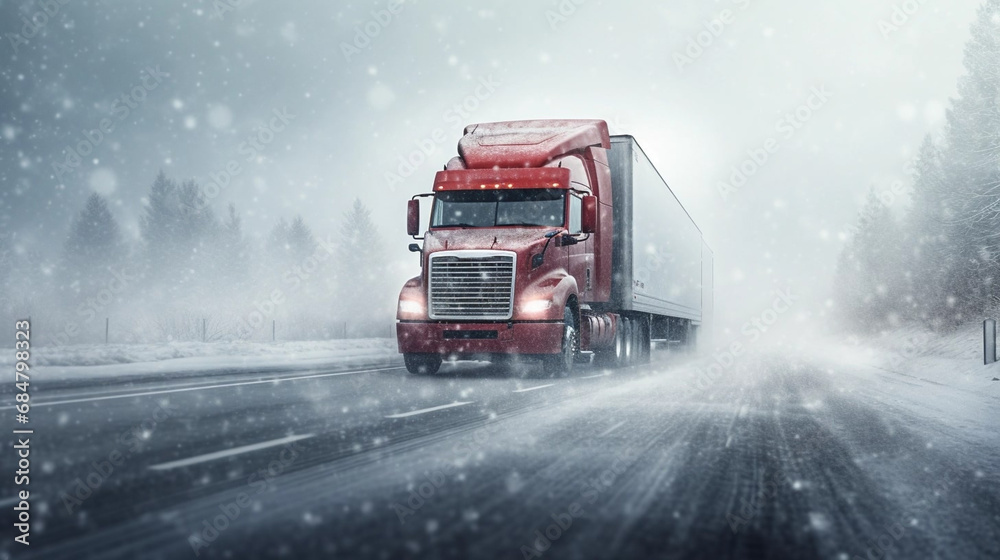 copy space, stockphoto, Extreme close up of a truck driving down a highway at snow day. Heavy truck on snowy and ice road. Dangerous weather condition for driving.