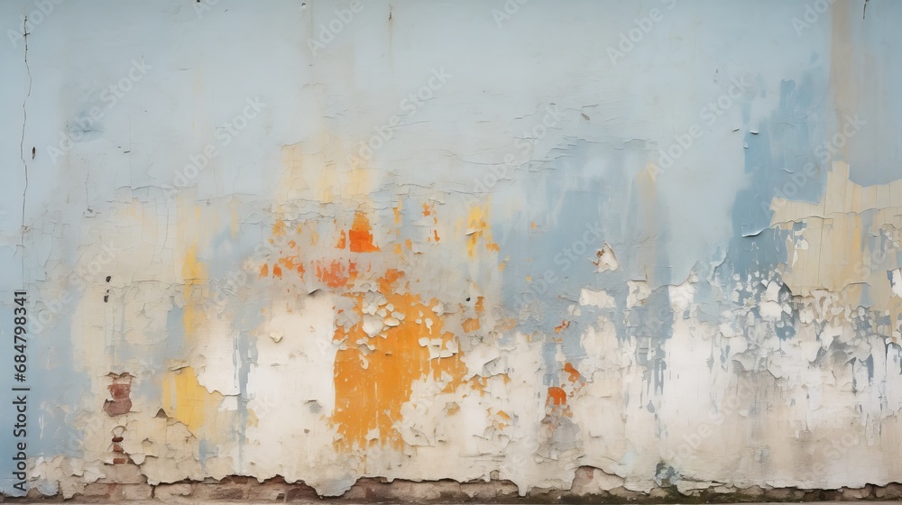 Faded and vibrant colors peek through the cracked and peeling gray paint on the weathered wall of a gritty building along a city street. Faded and vibrant colors peek through the cracked and peeling gray paint on the weathered wall of a gritty building along a city street.