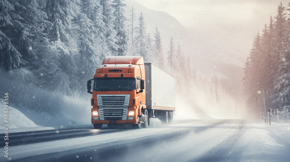 copy space, stockphoto, Extreme close up of a truck driving down a highway at snow day. Heavy truck on snowy and ice road. Dangerous weather condition for driving. copy space, stockphoto, Extreme close up of a truck driving down a highway at snow day. Heavy truck on snowy and ice road. Dangerous weather condition for driving.