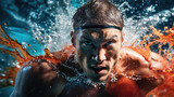 Swimmer executing breaststroke water churning intense expression