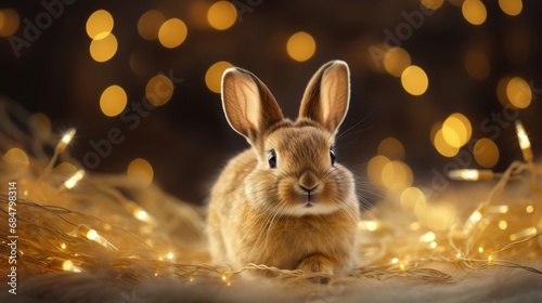  a brown rabbit sitting on top of a pile of hay next to a bunch of golden lights in the background.