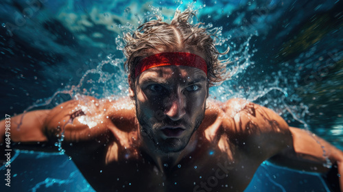 Detailed capture of swimmer's breaststroke vivid pool colors © javier