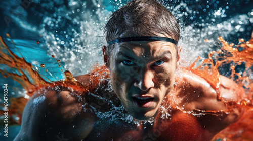 Swimmer executing breaststroke water churning intense expression