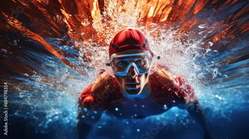 Swimmer racing to finish final powerful stroke vibrant pool © javier